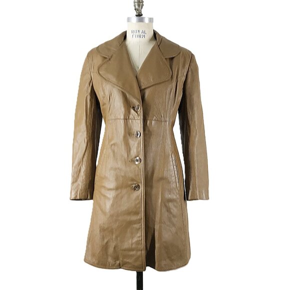 Vintage 70s Leather Jacket Brown Knee length Big Lapel - Picture 1 of 9